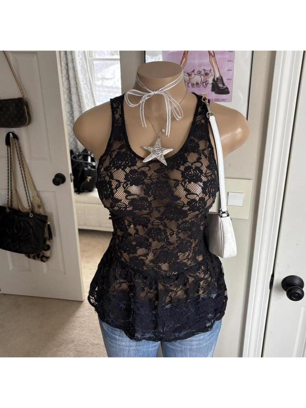 Y2K 2000s whimsygoth Black Sheer floral Lace Peplum Top
